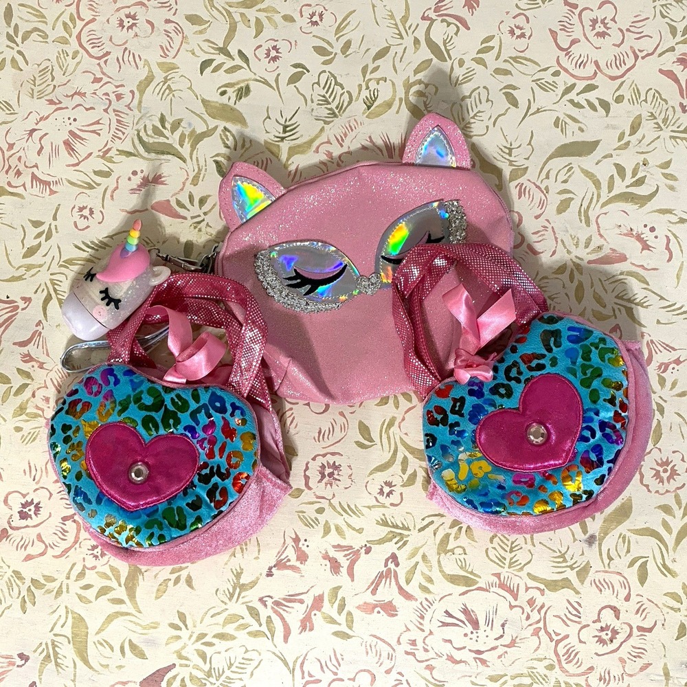 Lot Of 3 Girls Purses 1 Pink Glitter Cat Clutch w/Sanitizer 2 Shiny Plush Purses